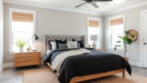 Discover a contemporary bedroom design featuring wooden furniture, natural lighting and neutral color palette for a stylish and serene space.